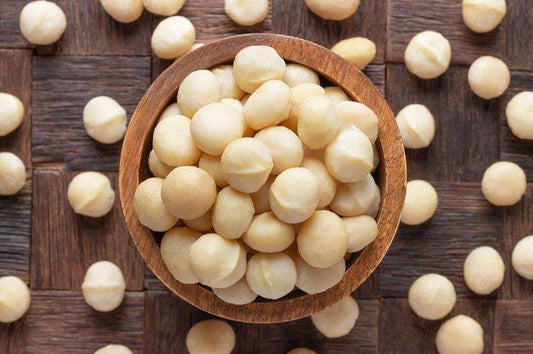 Bowl of creamy, buttery macadamia nuts rich in healthy fats and antioxidants for wellness.